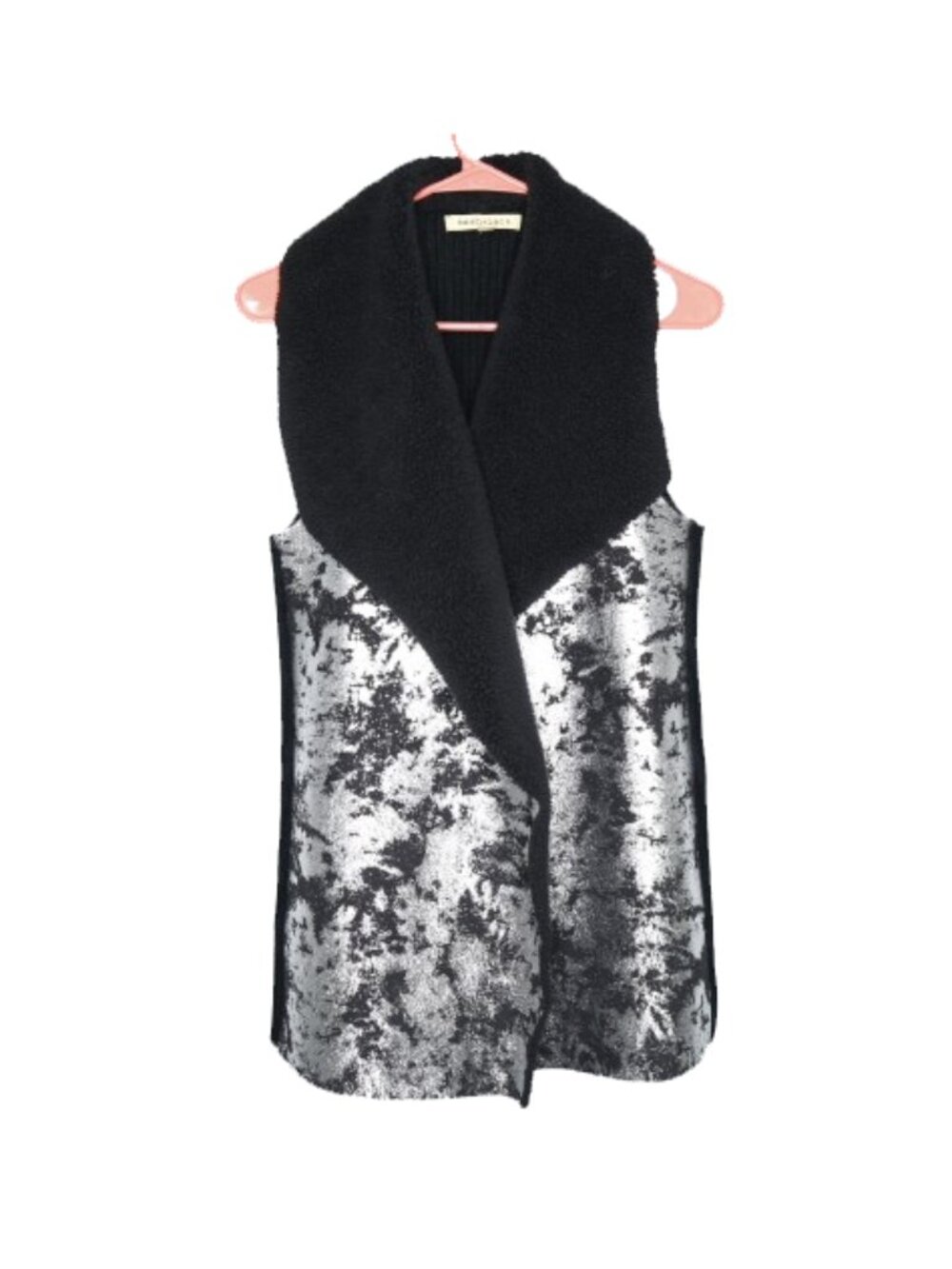 Mesh + Lace Black & Silver Sherpa-Lined Open Front Vest - M. Polyester/Acrylic